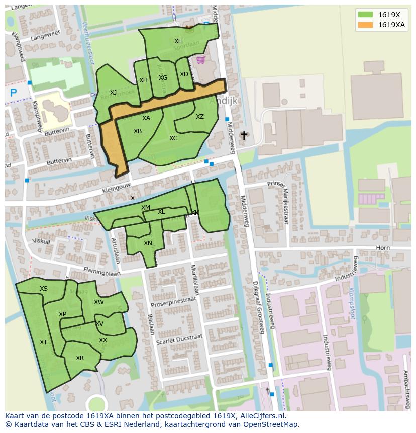 Afbeelding van het postcodegebied 1619 XA op de kaart.