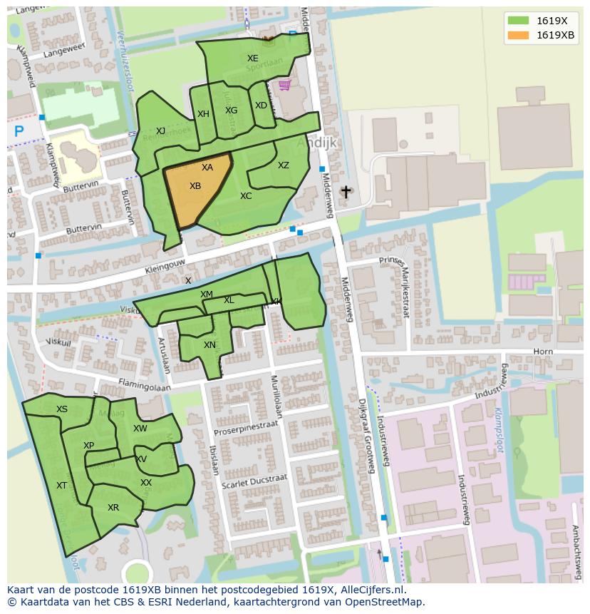 Afbeelding van het postcodegebied 1619 XB op de kaart.