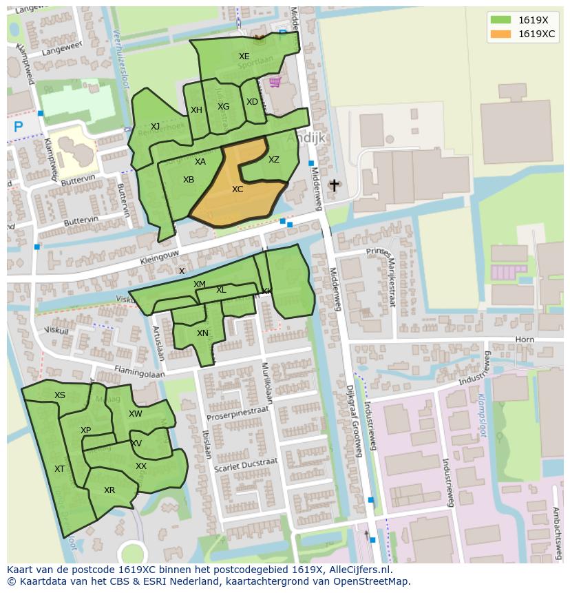Afbeelding van het postcodegebied 1619 XC op de kaart.