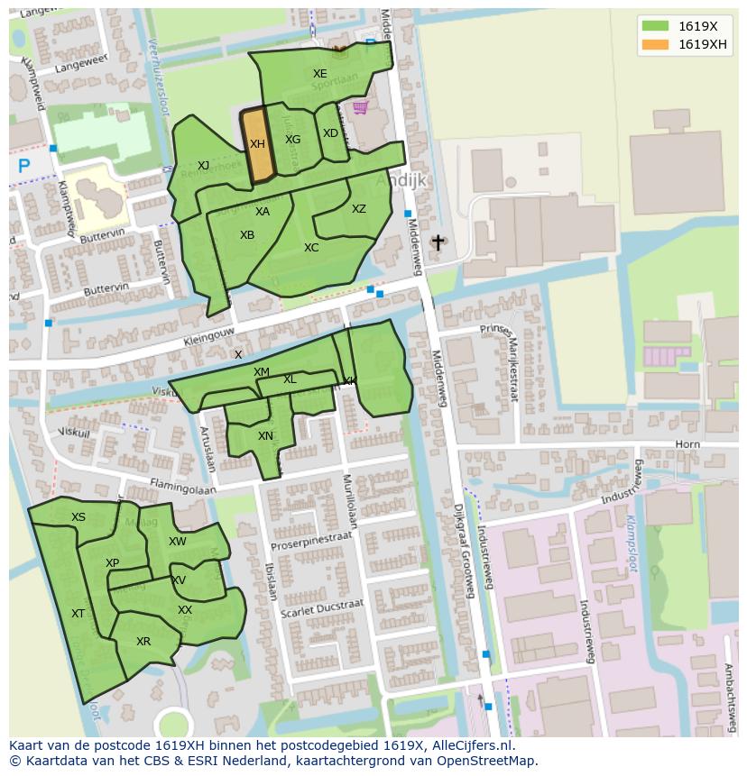 Afbeelding van het postcodegebied 1619 XH op de kaart.