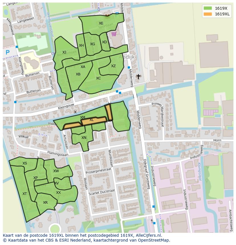 Afbeelding van het postcodegebied 1619 XL op de kaart.