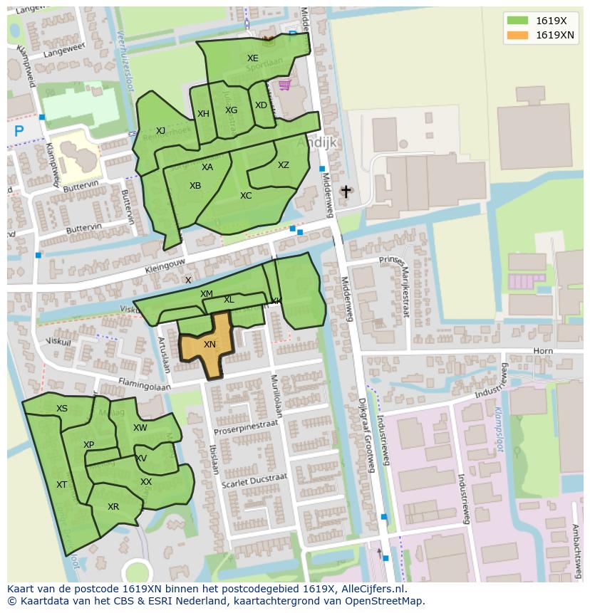 Afbeelding van het postcodegebied 1619 XN op de kaart.
