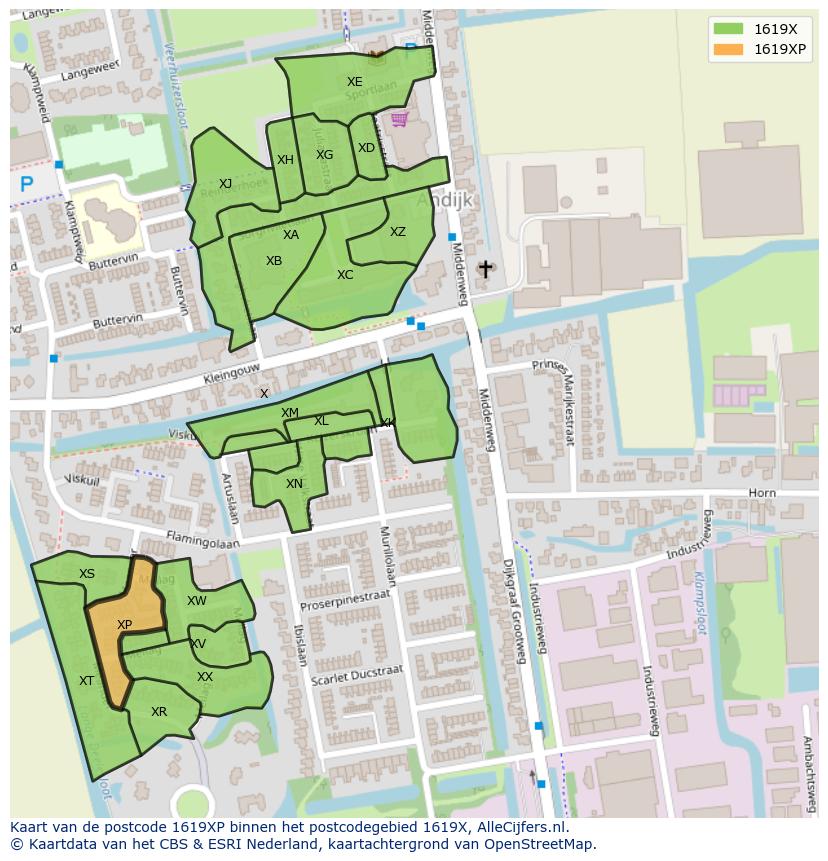 Afbeelding van het postcodegebied 1619 XP op de kaart.