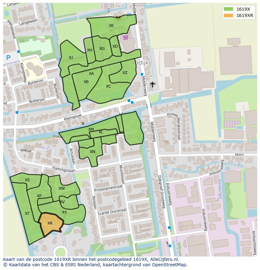 Afbeelding van het postcodegebied 1619 XR op de kaart.