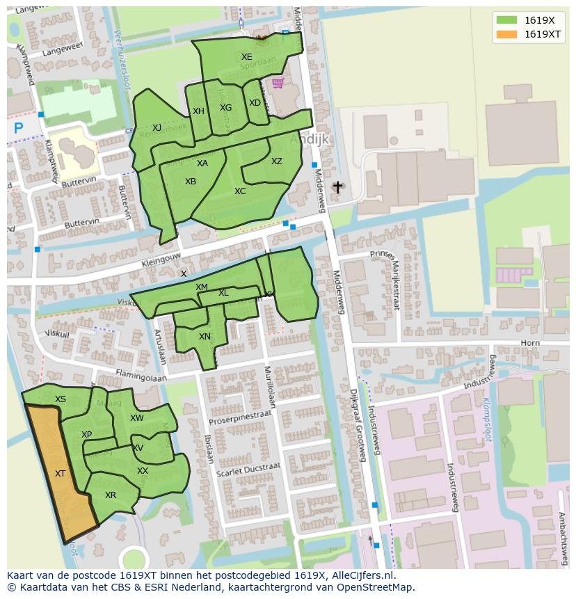 Afbeelding van het postcodegebied 1619 XT op de kaart.