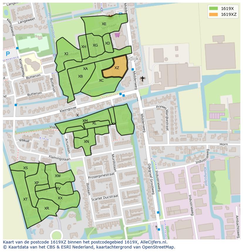 Afbeelding van het postcodegebied 1619 XZ op de kaart.