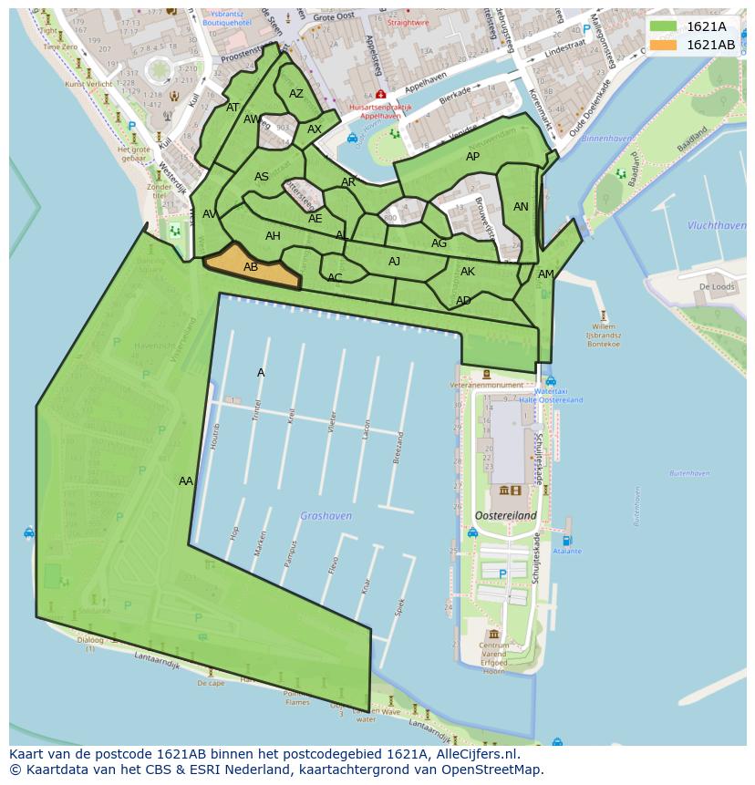 Afbeelding van het postcodegebied 1621 AB op de kaart.