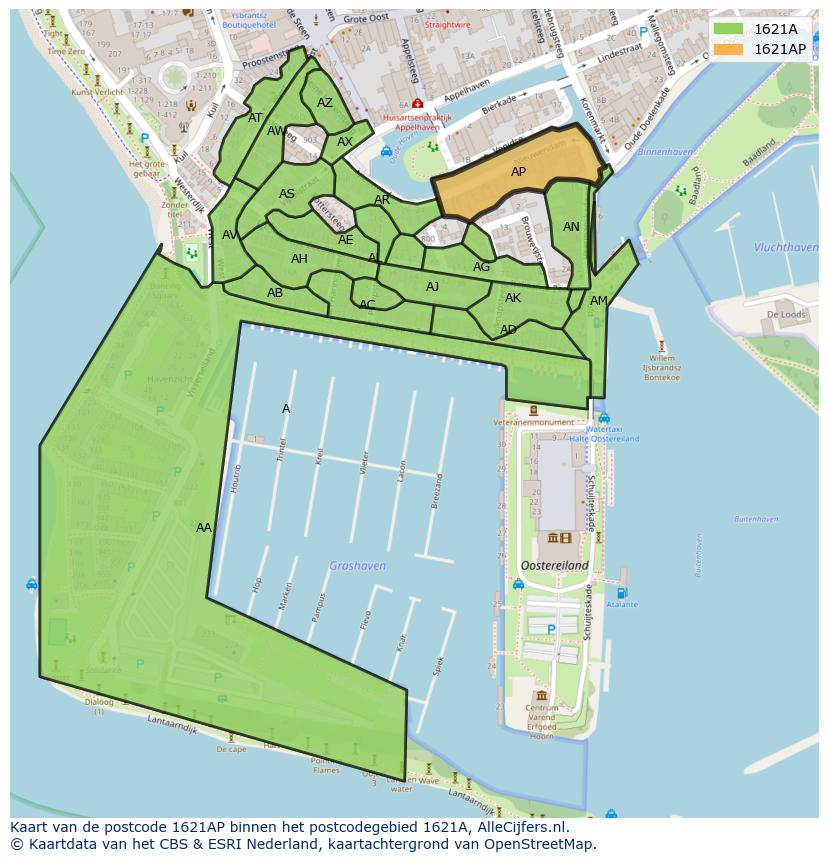 Afbeelding van het postcodegebied 1621 AP op de kaart.