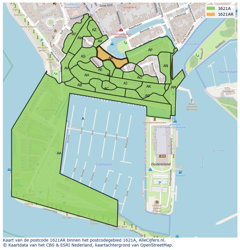 Afbeelding van het postcodegebied 1621 AR op de kaart.
