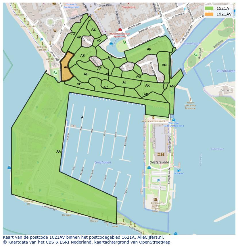 Afbeelding van het postcodegebied 1621 AV op de kaart.