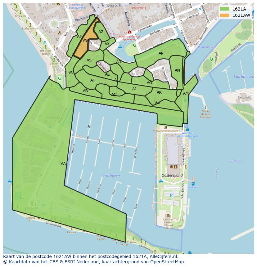 Afbeelding van het postcodegebied 1621 AW op de kaart.