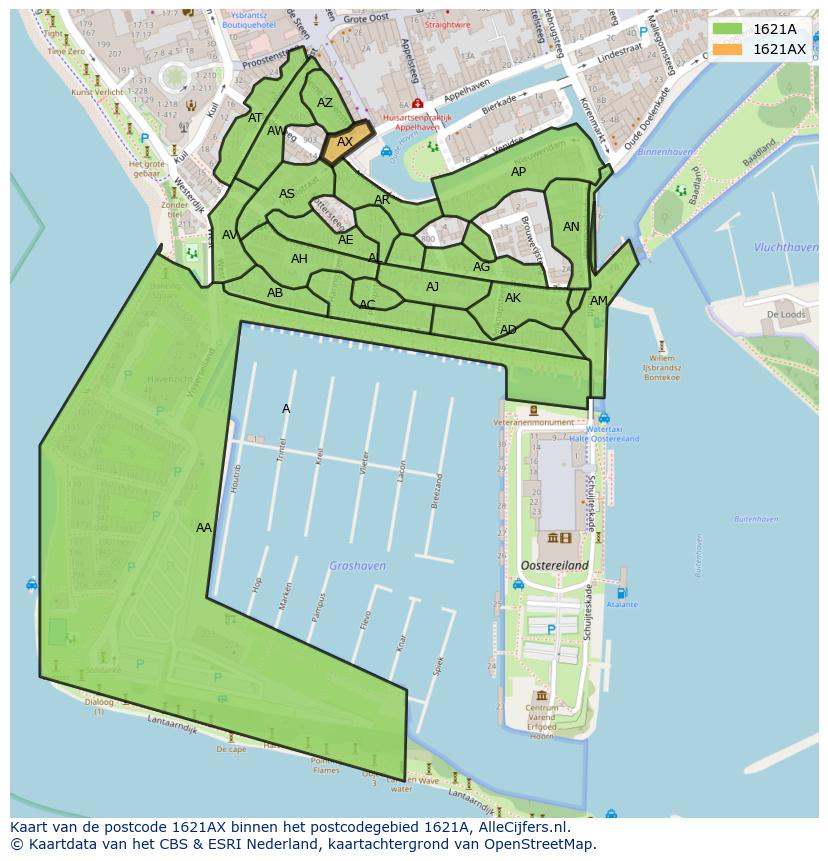 Afbeelding van het postcodegebied 1621 AX op de kaart.
