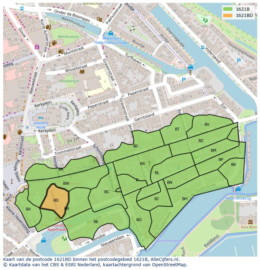 Afbeelding van het postcodegebied 1621 BD op de kaart.