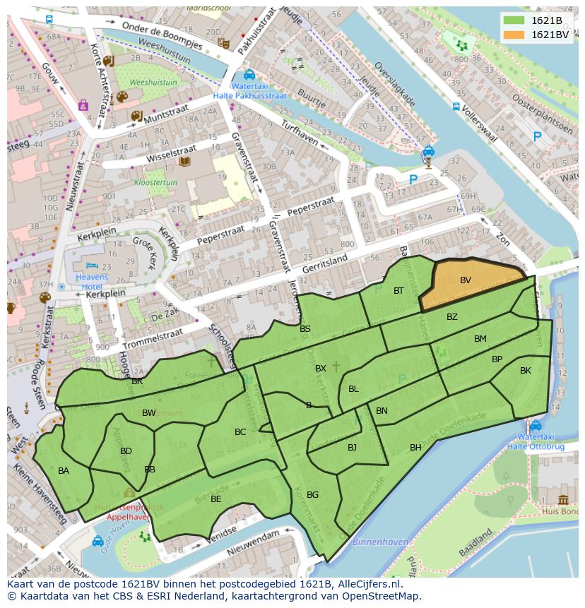Afbeelding van het postcodegebied 1621 BV op de kaart.
