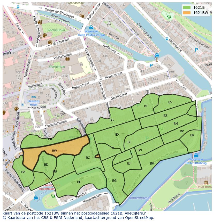 Afbeelding van het postcodegebied 1621 BW op de kaart.