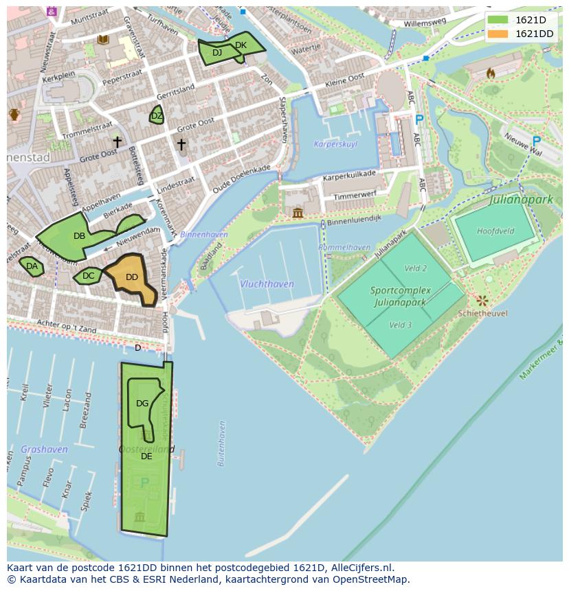 Afbeelding van het postcodegebied 1621 DD op de kaart.