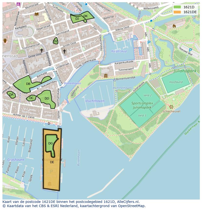 Afbeelding van het postcodegebied 1621 DE op de kaart.