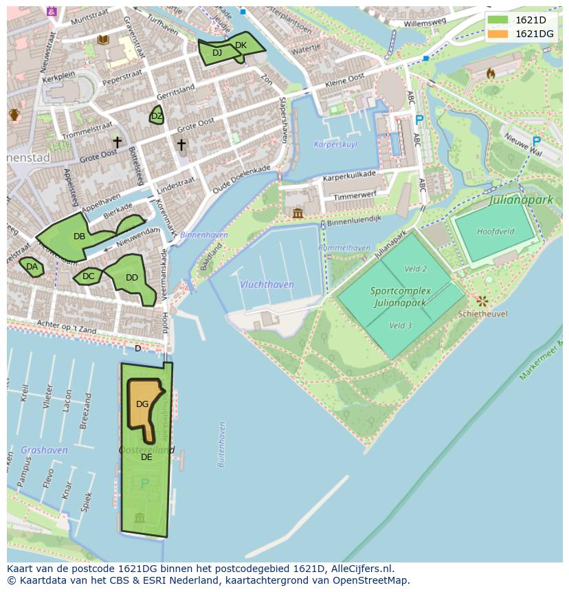 Afbeelding van het postcodegebied 1621 DG op de kaart.
