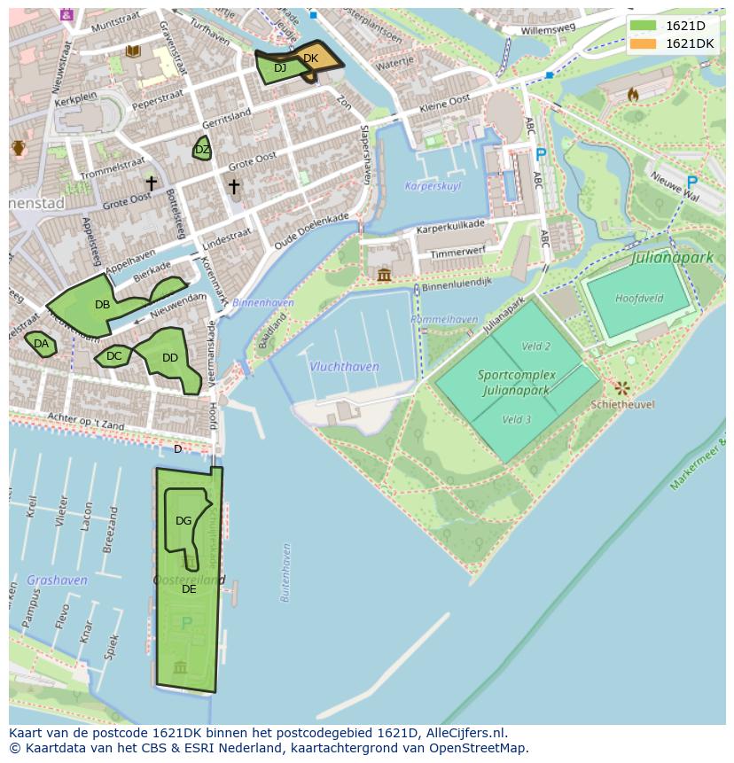 Afbeelding van het postcodegebied 1621 DK op de kaart.