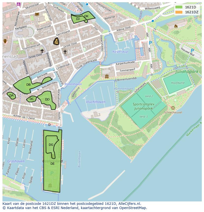 Afbeelding van het postcodegebied 1621 DZ op de kaart.