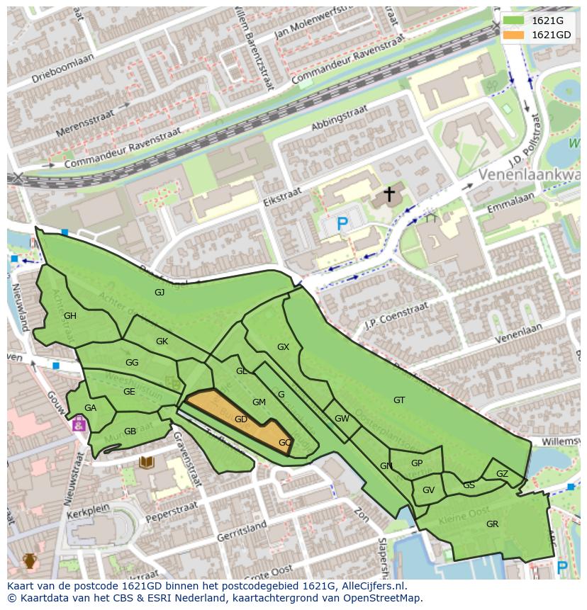 Afbeelding van het postcodegebied 1621 GD op de kaart.