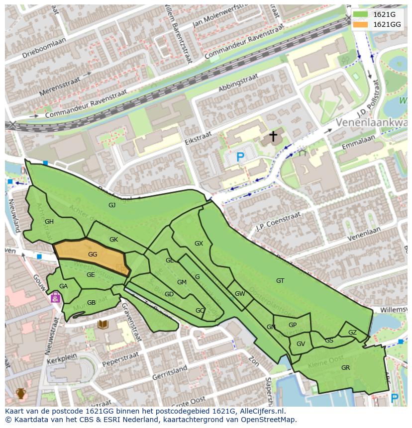 Afbeelding van het postcodegebied 1621 GG op de kaart.