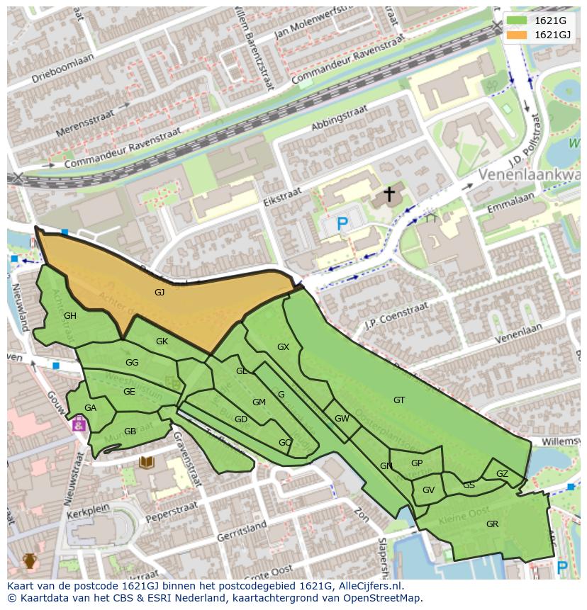 Afbeelding van het postcodegebied 1621 GJ op de kaart.