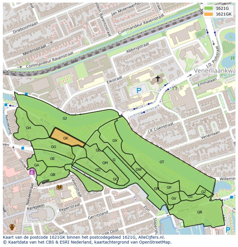 Afbeelding van het postcodegebied 1621 GK op de kaart.