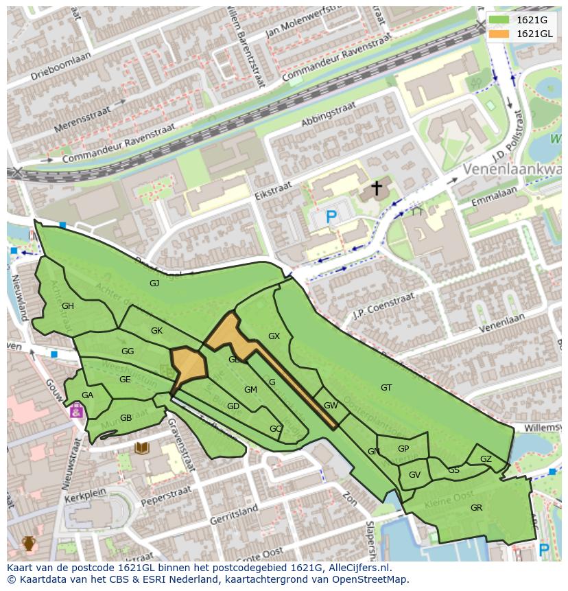 Afbeelding van het postcodegebied 1621 GL op de kaart.