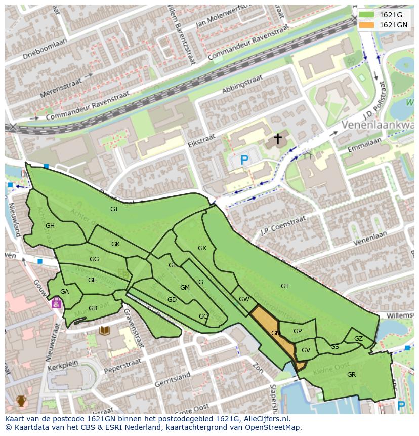 Afbeelding van het postcodegebied 1621 GN op de kaart.