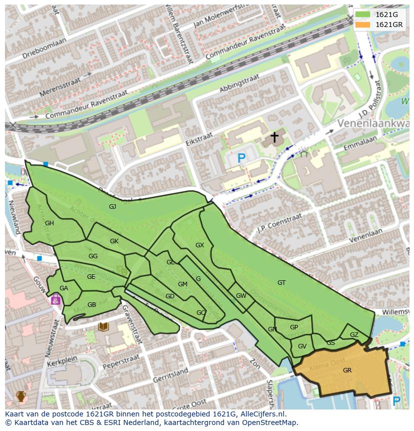 Afbeelding van het postcodegebied 1621 GR op de kaart.