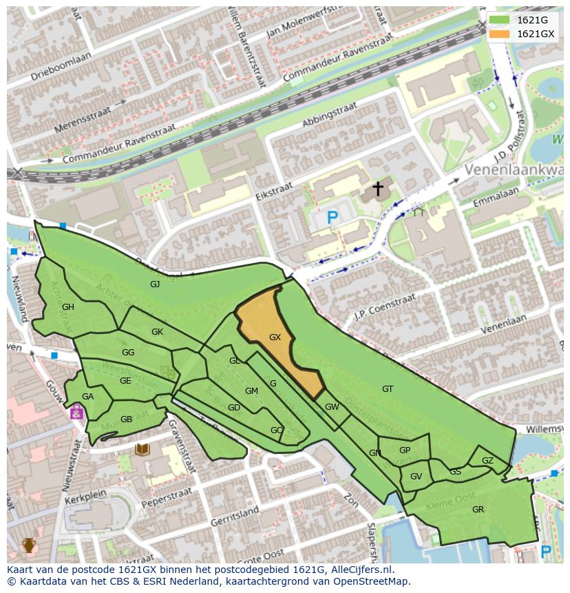 Afbeelding van het postcodegebied 1621 GX op de kaart.