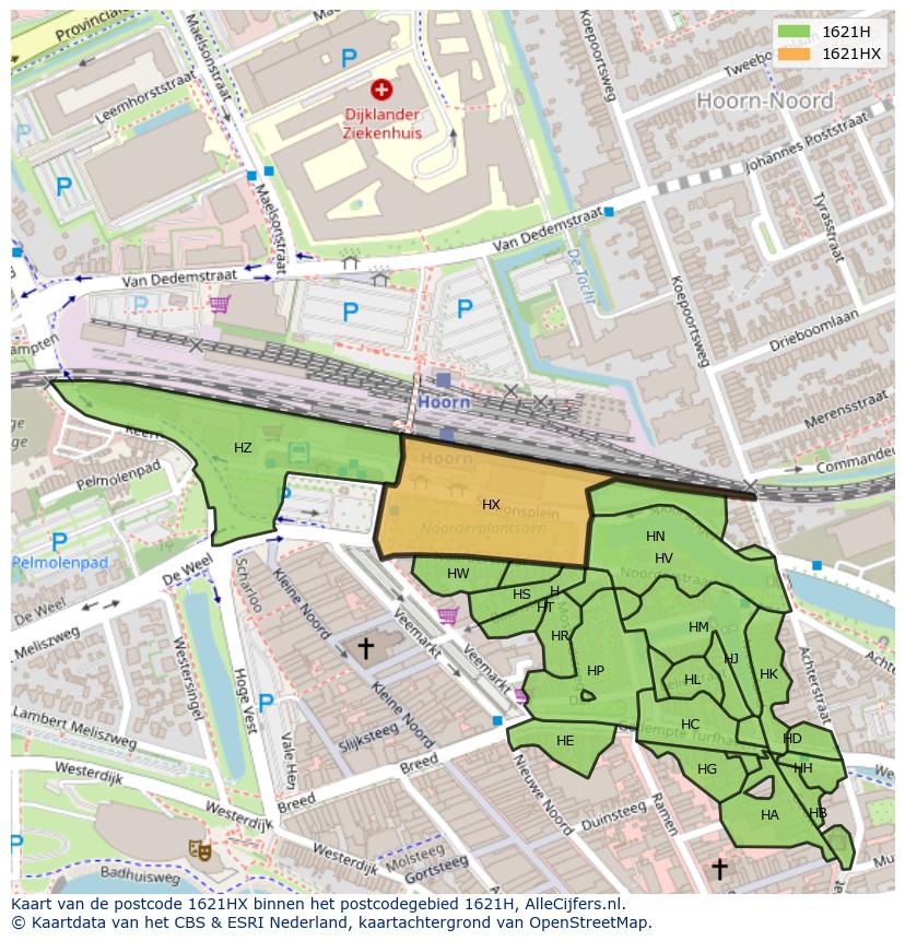 Afbeelding van het postcodegebied 1621 HX op de kaart.