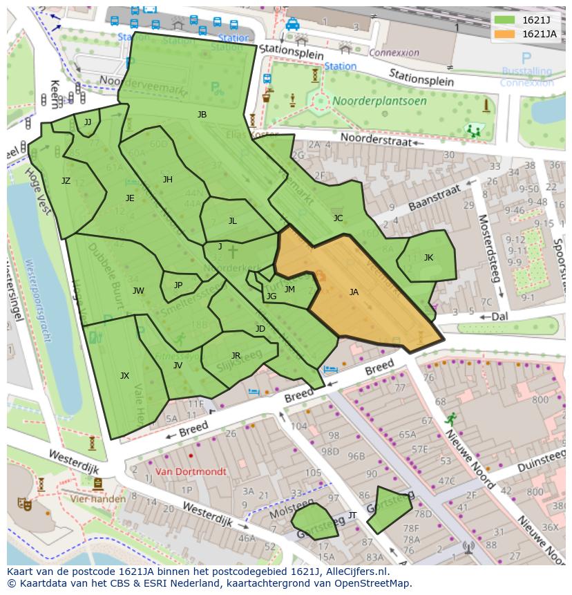 Afbeelding van het postcodegebied 1621 JA op de kaart.