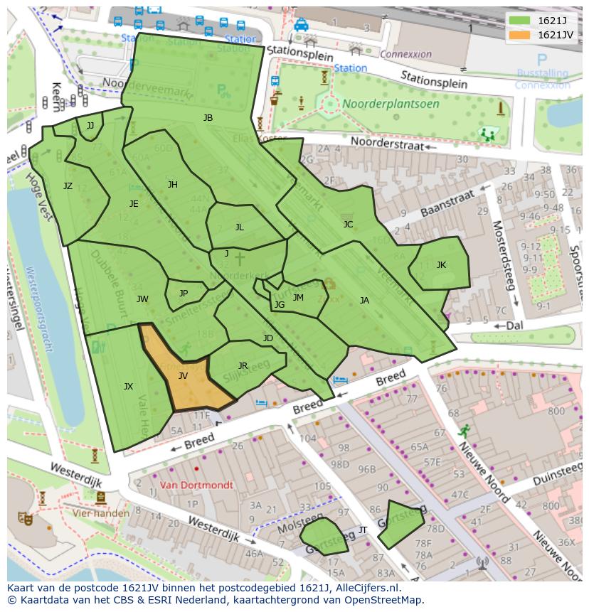 Afbeelding van het postcodegebied 1621 JV op de kaart.