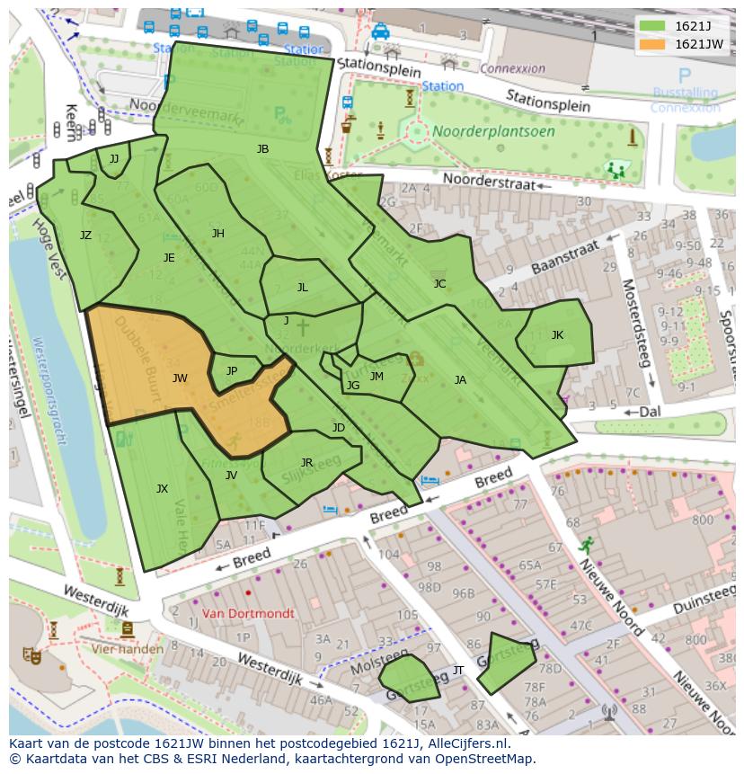 Afbeelding van het postcodegebied 1621 JW op de kaart.