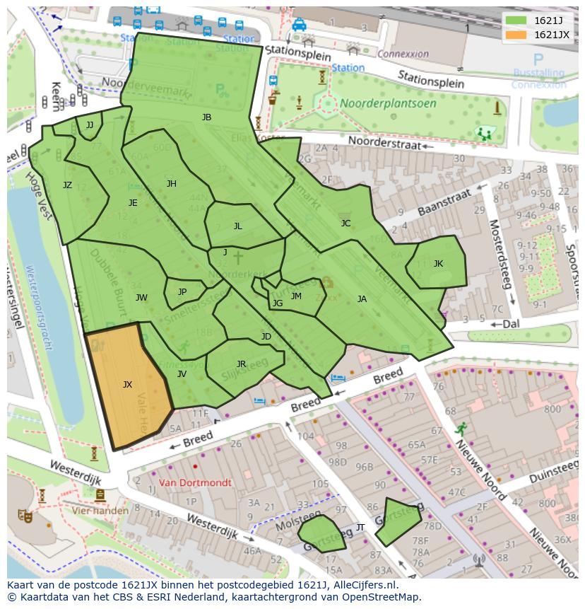 Afbeelding van het postcodegebied 1621 JX op de kaart.