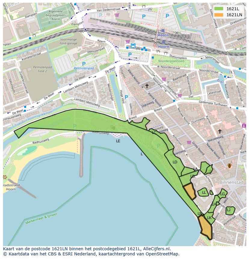 Afbeelding van het postcodegebied 1621 LN op de kaart.