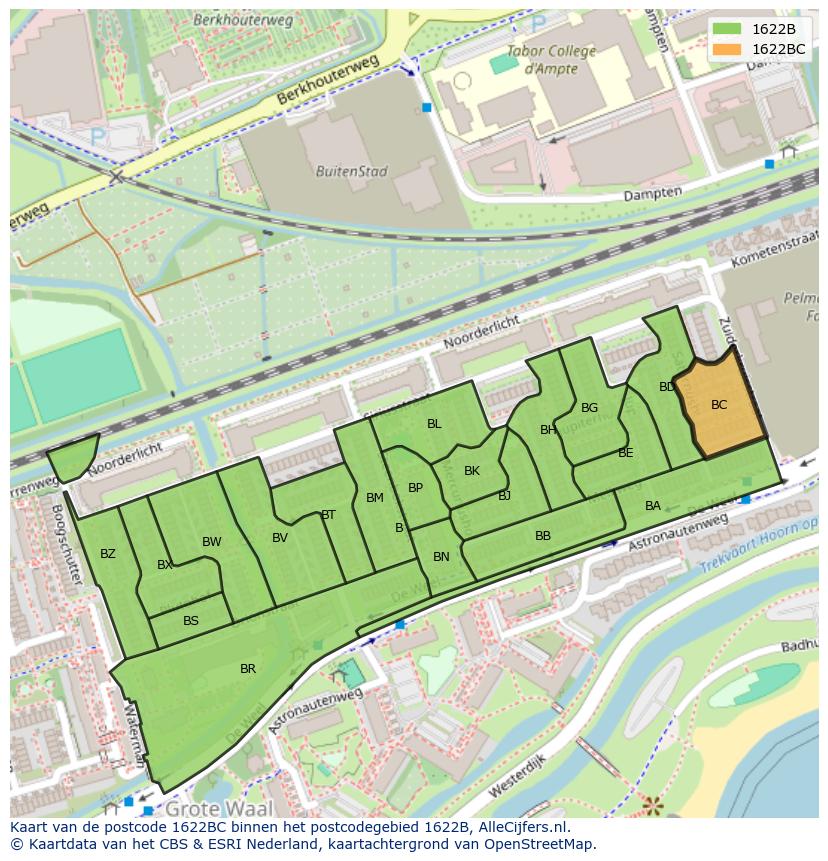 Afbeelding van het postcodegebied 1622 BC op de kaart.