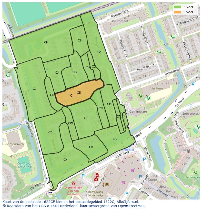 Afbeelding van het postcodegebied 1622 CE op de kaart.