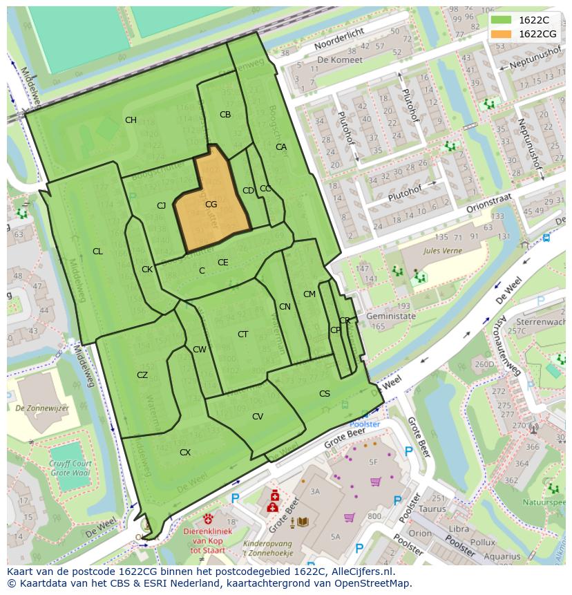 Afbeelding van het postcodegebied 1622 CG op de kaart.
