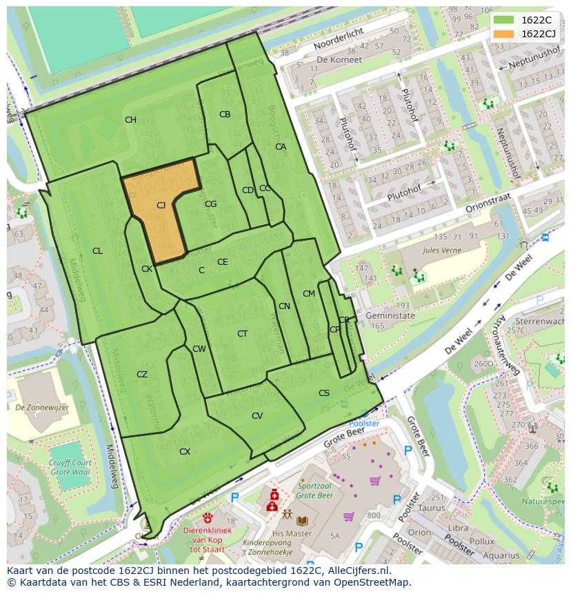 Afbeelding van het postcodegebied 1622 CJ op de kaart.