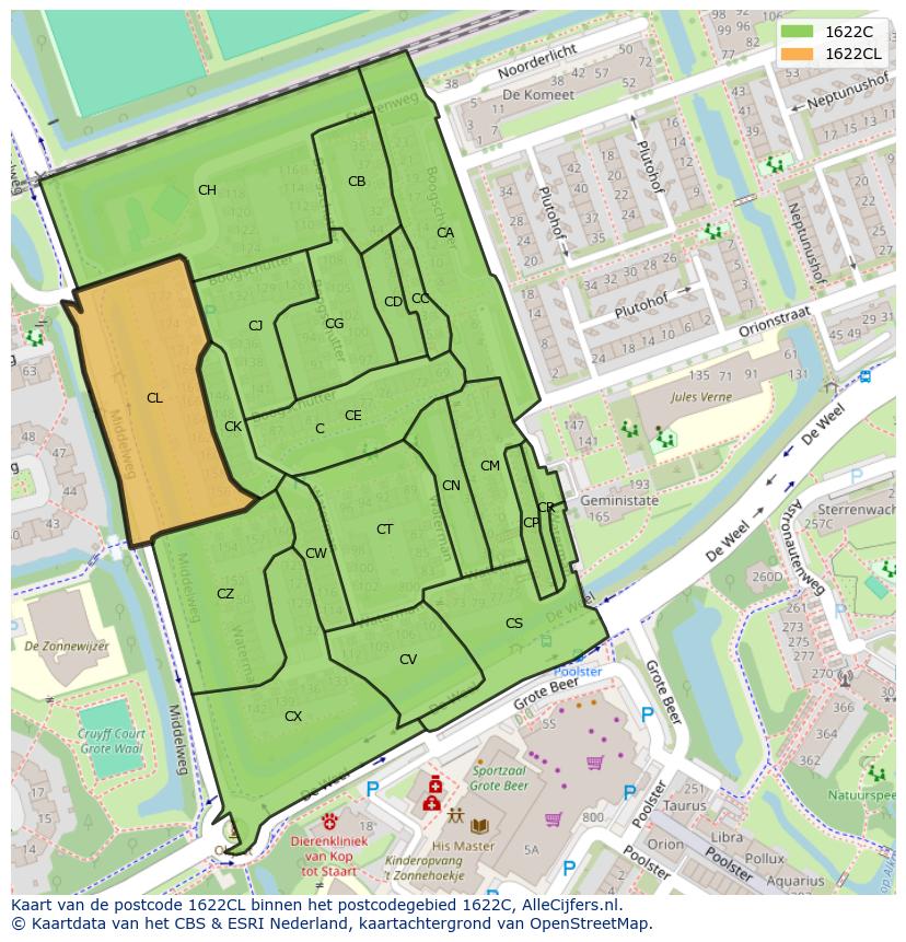Afbeelding van het postcodegebied 1622 CL op de kaart.