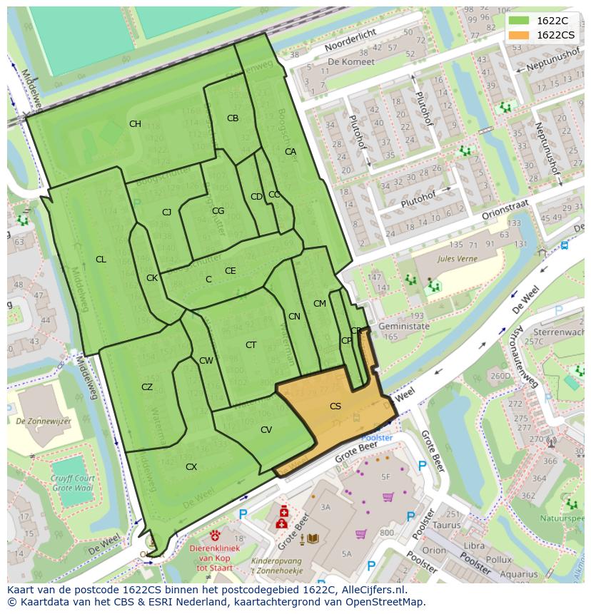 Afbeelding van het postcodegebied 1622 CS op de kaart.