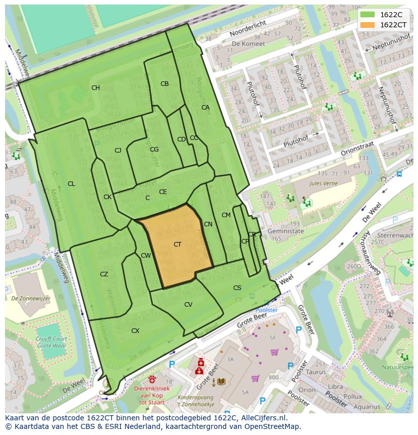 Afbeelding van het postcodegebied 1622 CT op de kaart.