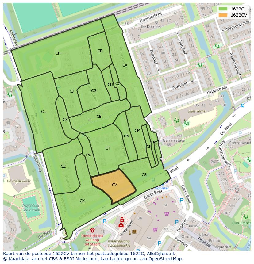 Afbeelding van het postcodegebied 1622 CV op de kaart.