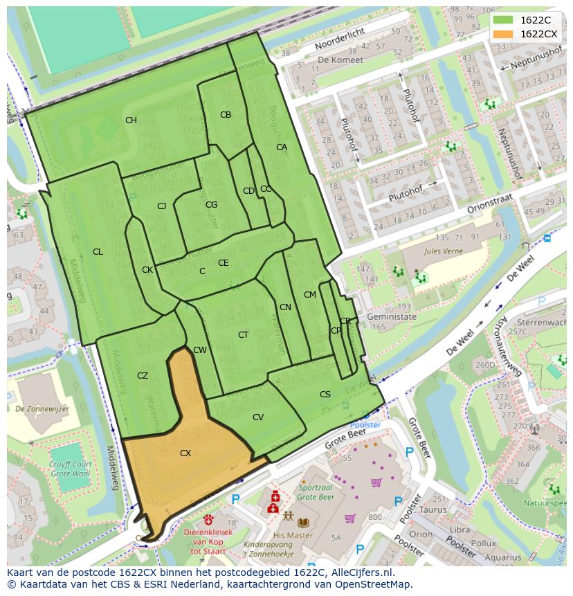 Afbeelding van het postcodegebied 1622 CX op de kaart.