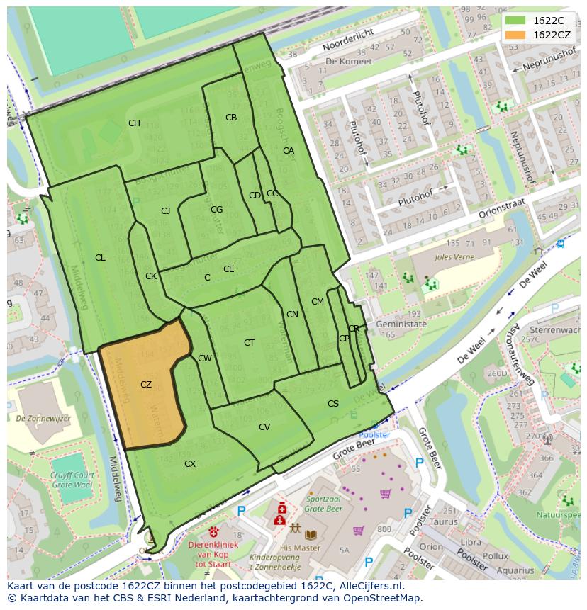 Afbeelding van het postcodegebied 1622 CZ op de kaart.