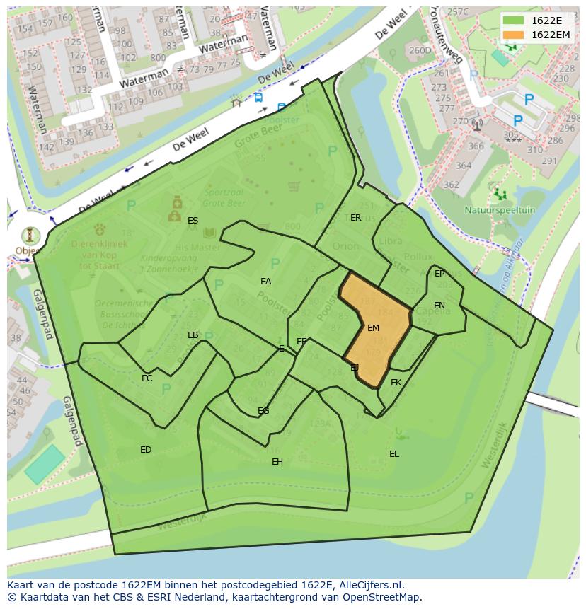 Afbeelding van het postcodegebied 1622 EM op de kaart.