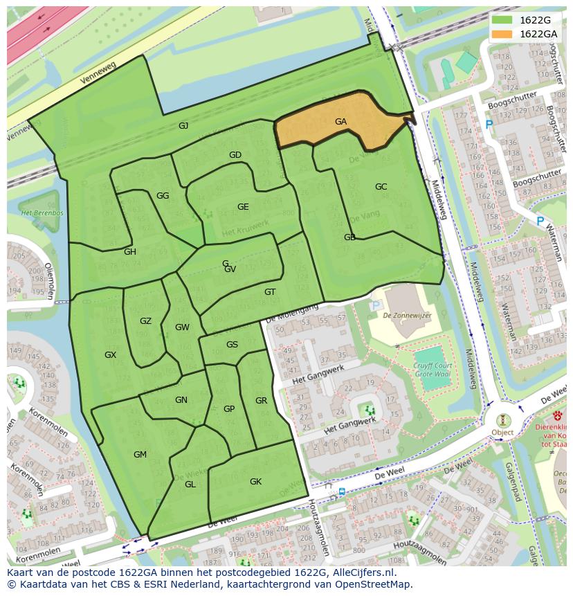 Afbeelding van het postcodegebied 1622 GA op de kaart.